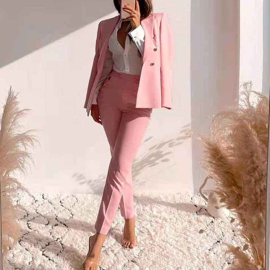 2 Piece Set  Double Breasted Blazer  Button High Waist Trousers