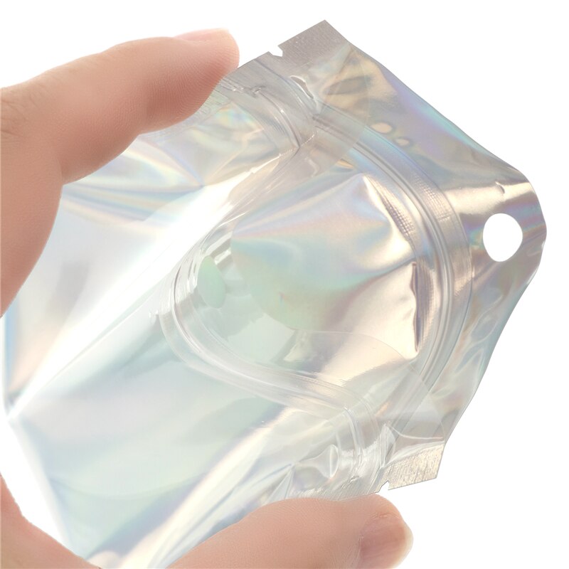 100Pcs Iridescent Zip lock Bags Pouches Cosmetic Plastic Laser