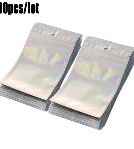100Pcs Iridescent Zip lock Bags Pouches Cosmetic Plastic Laser