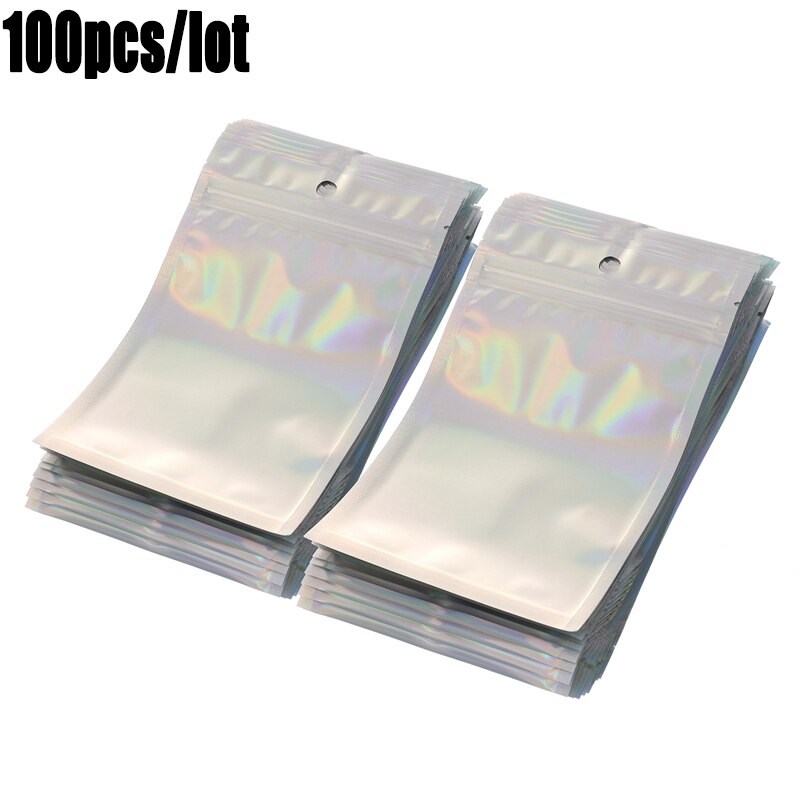 100Pcs Iridescent Zip lock Bags Pouches Cosmetic Plastic Laser