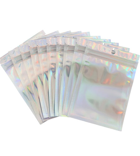 100Pcs Iridescent Zip lock Bags Pouches Cosmetic Plastic Laser