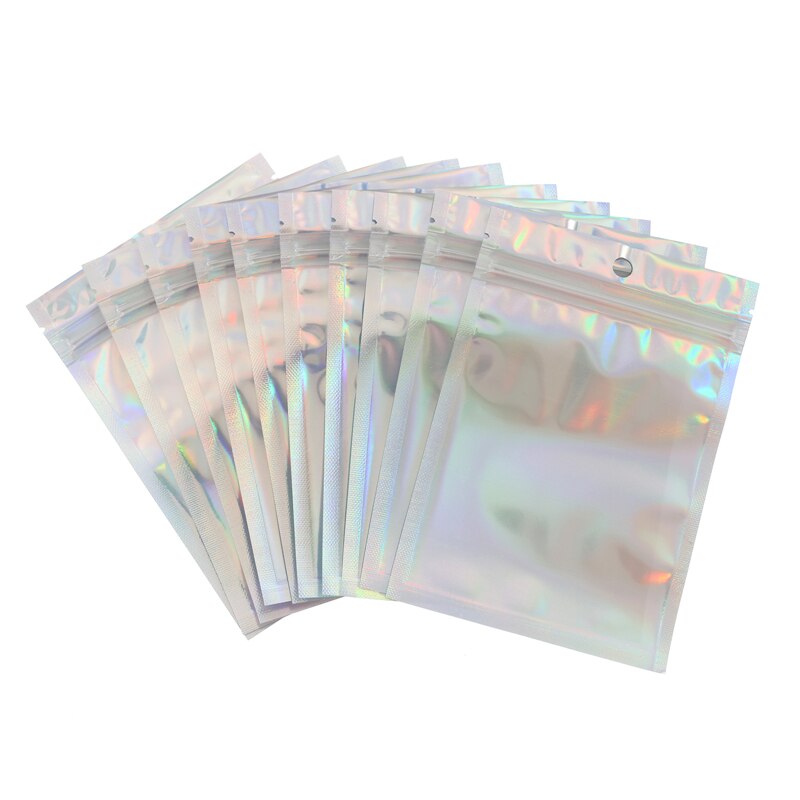 100Pcs Iridescent Zip lock Bags Pouches Cosmetic Plastic Laser