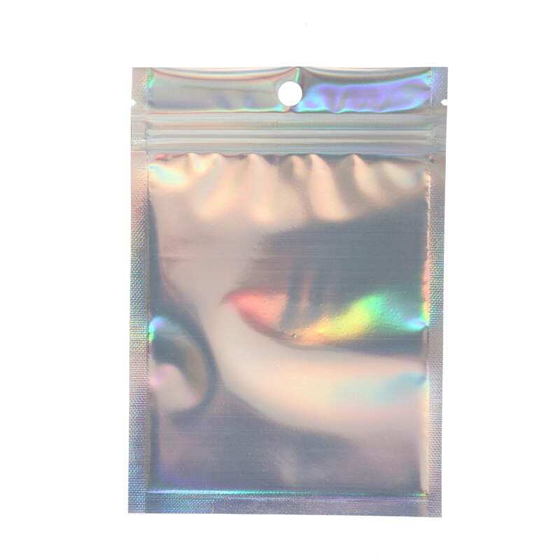 100Pcs Iridescent Zip lock Bags Pouches Cosmetic Plastic Laser