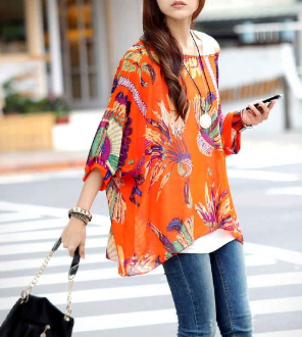 Womens Loose Fit Tropical Print Chiffon Tunic Top