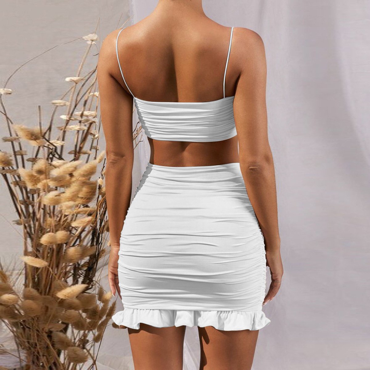 Women Set Spaghetti Strap Crop Top White Sexy And Mini Bodycon Skirt