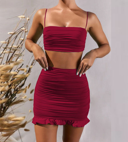 Women Set Spaghetti Strap Crop Top White Sexy And Mini Bodycon Skirt