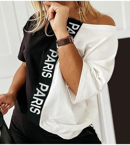 Off Shoulder Hit Color Letter Women Two-piece Set