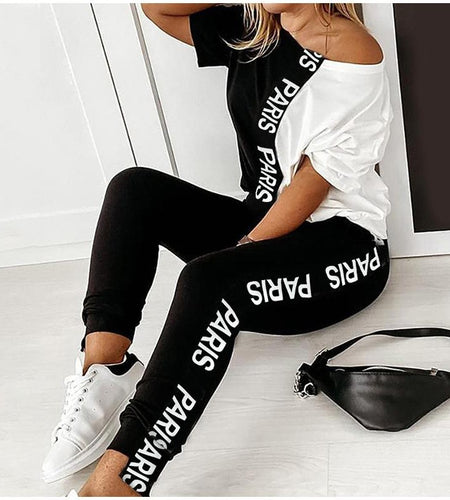 Off Shoulder Hit Color Letter Women Two-piece Set