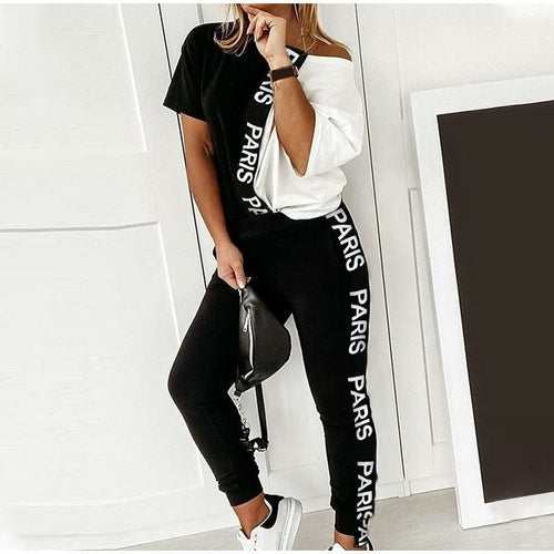 Load image into Gallery viewer, Off Shoulder Hit Color Letter Women Two-piece Set
