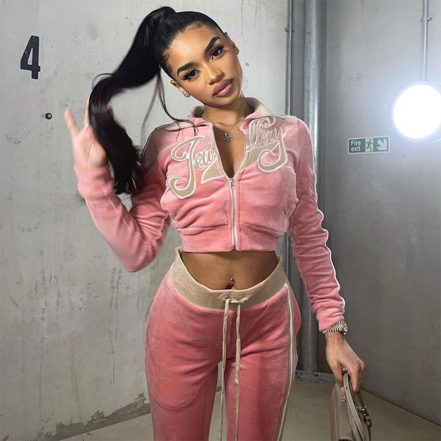 Tracksuit Embroidery Letter Velvet 2piece Set Fitness Zip