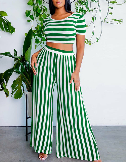 Load image into Gallery viewer, 2 Pieces Sets Stripe Printed Short Sleeve T-shirt &amp; Wide Leg Pants
