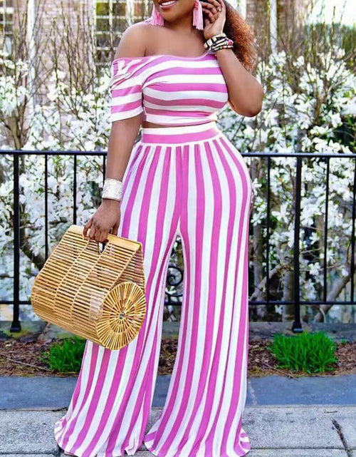 Load image into Gallery viewer, 2 Pieces Sets Stripe Printed Short Sleeve T-shirt &amp; Wide Leg Pants
