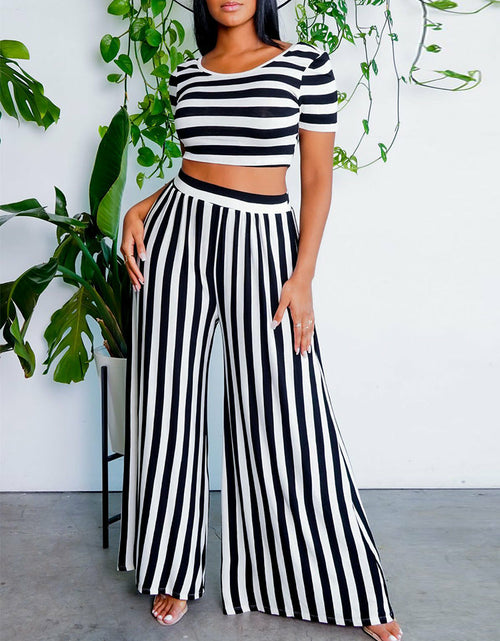 Load image into Gallery viewer, 2 Pieces Sets Stripe Printed Short Sleeve T-shirt &amp; Wide Leg Pants
