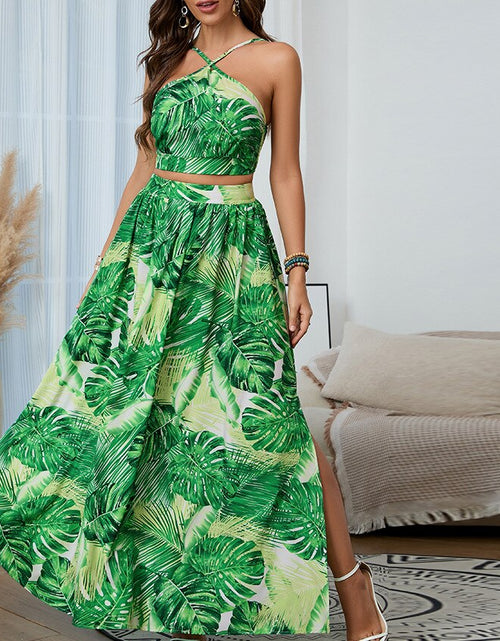 Load image into Gallery viewer, 2 Pieces Skirts Sets Tropical Printed Sleeveless Halter Top &amp;Skirts
