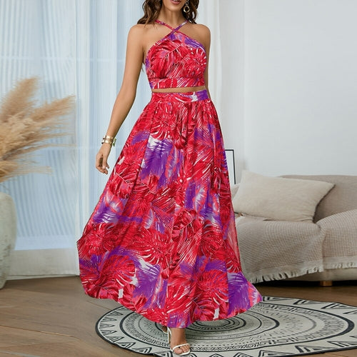 Load image into Gallery viewer, 2 Pieces Skirts Sets Tropical Printed Sleeveless Halter Top &amp;Skirts
