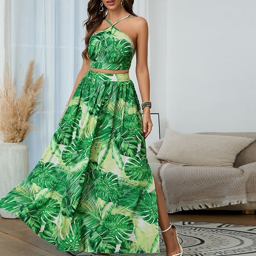 Load image into Gallery viewer, 2 Pieces Skirts Sets Tropical Printed Sleeveless Halter Top &amp;Skirts
