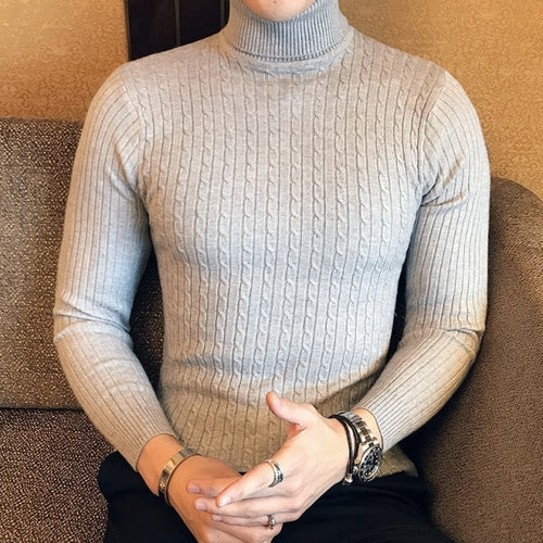 2021 Korean Slim Solid Color Turtleneck Sweater Mens Winter Long