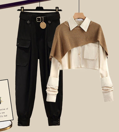 2022 Spring New Elegant Women's Pants Set Knitted Shawl Shirt Casual