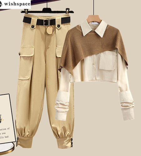 2022 Spring New Elegant Women's Pants Set Knitted Shawl Shirt Casual