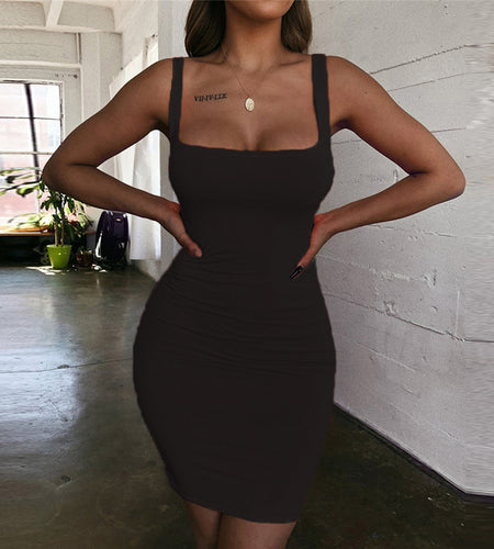 2022 Square Neck Sleeveless Shoulder Bodycon Mini Dress Basic Women