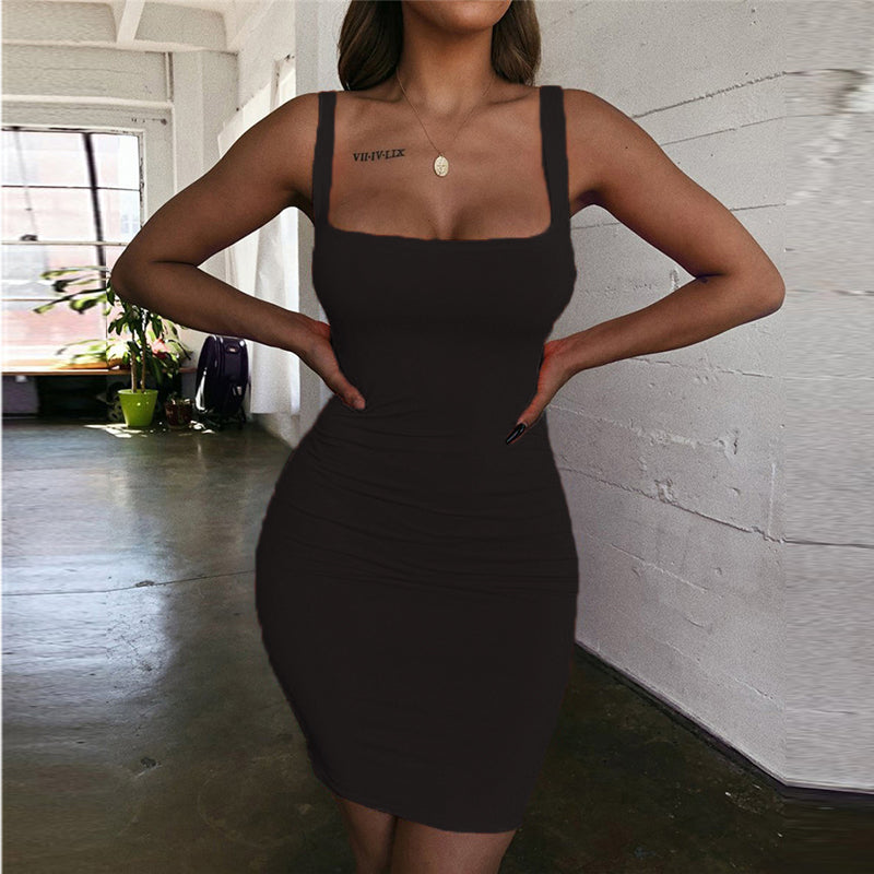 2022 Square Neck Sleeveless Shoulder Bodycon Mini Dress Basic Women