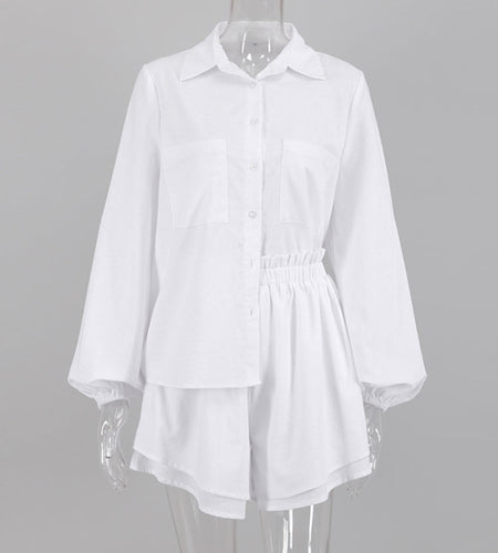 Cotton Linen Women's Long Sleeved Shirt Top Ruffle Shorts 2 Piece