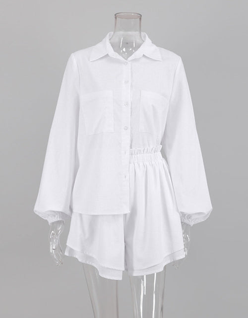 Load image into Gallery viewer, Cotton Linen Women&#39;s Long Sleeved Shirt Top Ruffle Shorts 2 Piece
