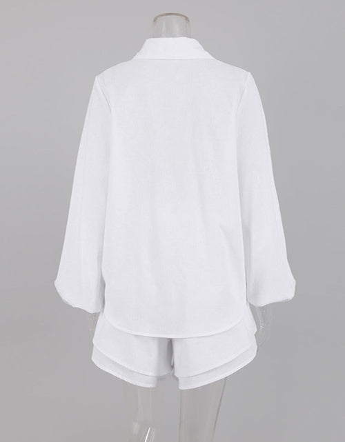 Load image into Gallery viewer, Cotton Linen Women&#39;s Long Sleeved Shirt Top Ruffle Shorts 2 Piece
