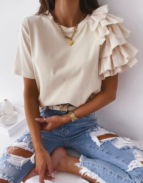 Load image into Gallery viewer, O Neck Solid Blouse Shirt Layered Ruffle Tops Blusa
