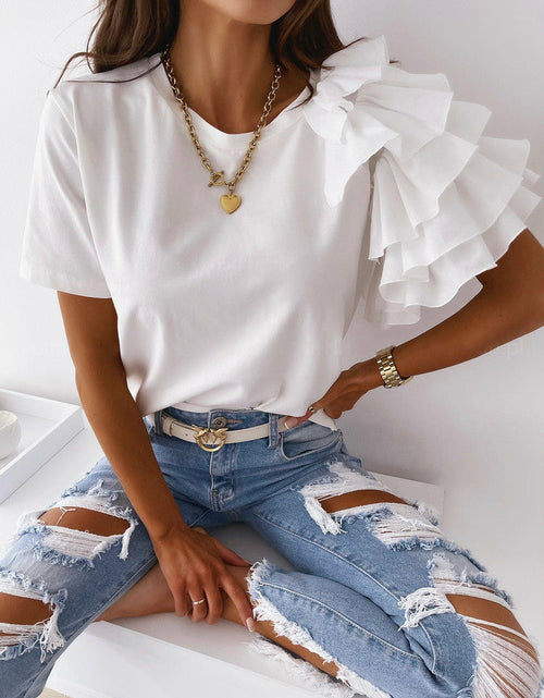 Load image into Gallery viewer, O Neck Solid Blouse Shirt Layered Ruffle Tops Blusa
