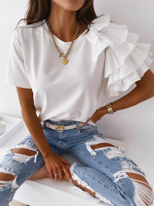 O Neck Solid Blouse Shirt Layered Ruffle Tops Blusa