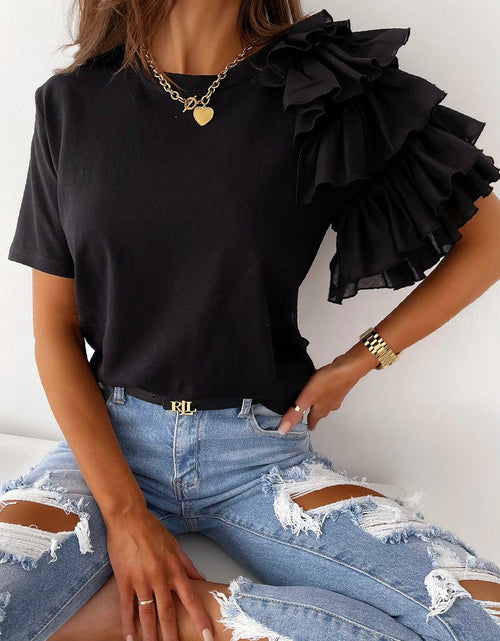 Load image into Gallery viewer, O Neck Solid Blouse Shirt Layered Ruffle Tops Blusa
