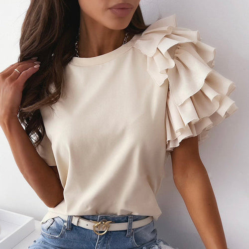 Load image into Gallery viewer, O Neck Solid Blouse Shirt Layered Ruffle Tops Blusa
