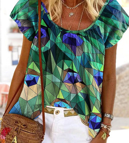 Round Neck Shirt Blouse Colorful Geometric Print