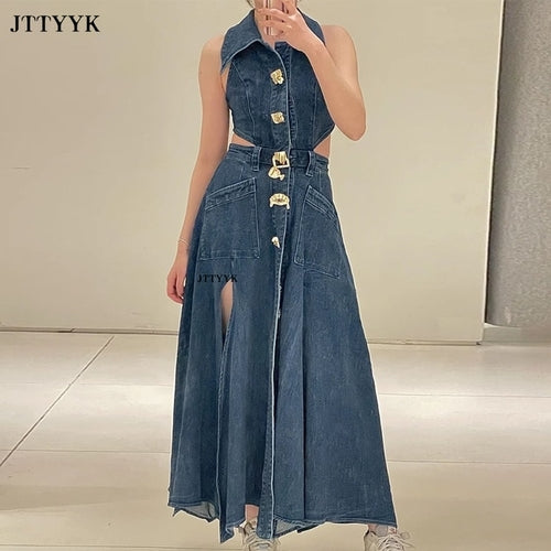 2023 Autumn Summer Ladies Denim Dress Sleeveless Pockets Single