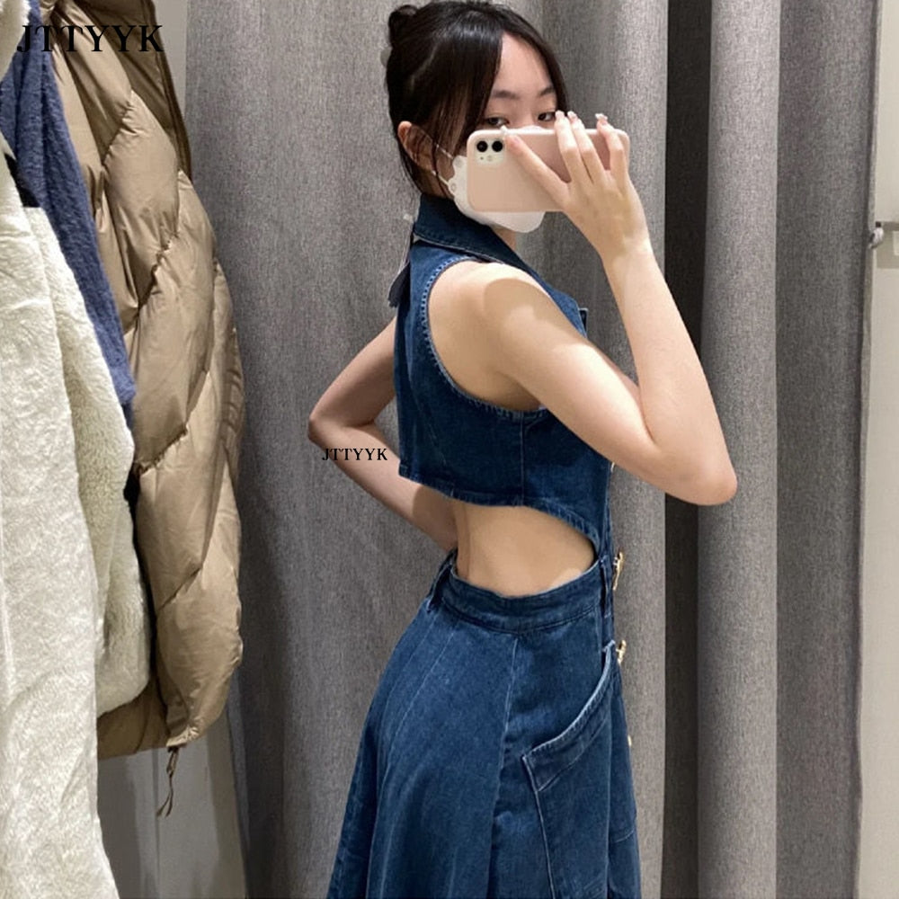 2023 Autumn Summer Ladies Denim Dress Sleeveless Pockets Single