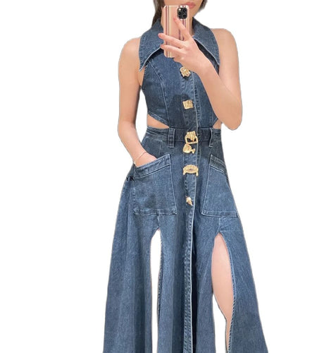 2023 Autumn Summer Ladies Denim Dress Sleeveless Pockets Single