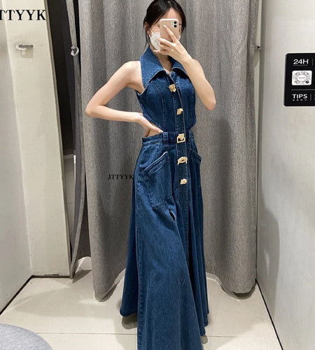 2023 Autumn Summer Ladies Denim Dress Sleeveless Pockets Single