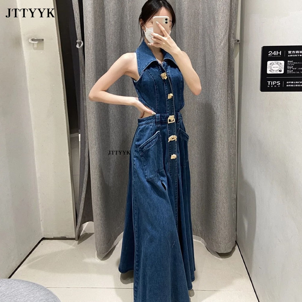 2023 Autumn Summer Ladies Denim Dress Sleeveless Pockets Single