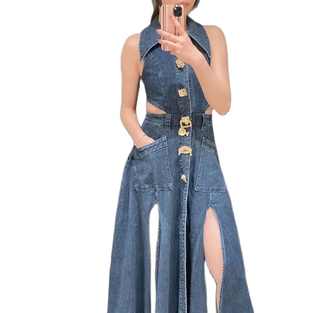 2023 Autumn Summer Ladies Denim Dress Sleeveless Pockets Single