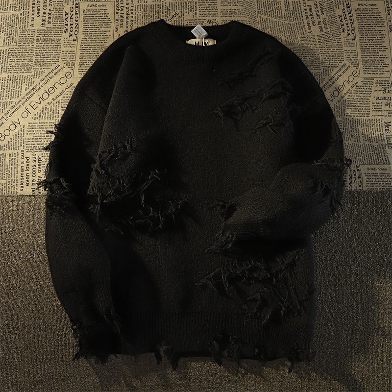 2023 Autumnand Y2k Streetwear Men New Retro Hole Fringed Sweater Loose