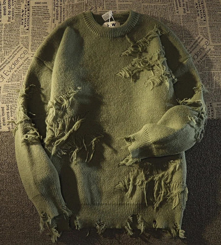 2023 Autumnand Y2k Streetwear Men New Retro Hole Fringed Sweater Loose