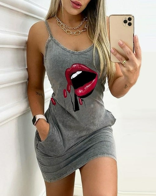 2023 Sexy Straps Dress Women Summer Fashion Letter Print Pocket