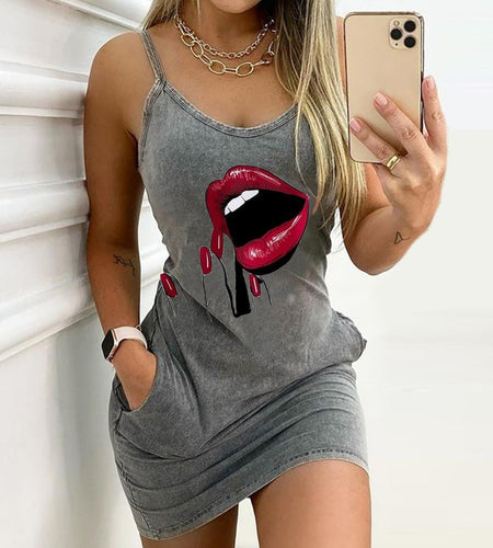 2023 Sexy Straps Dress Women Summer Fashion Letter Print Pocket