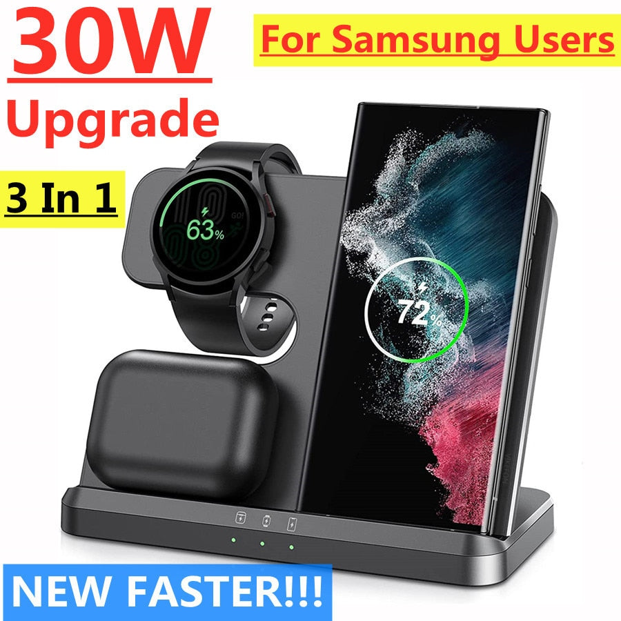 30W 3 in 1 Wireless Charger Stand For Samsung S22 S21 S20 Ultra Galaxy