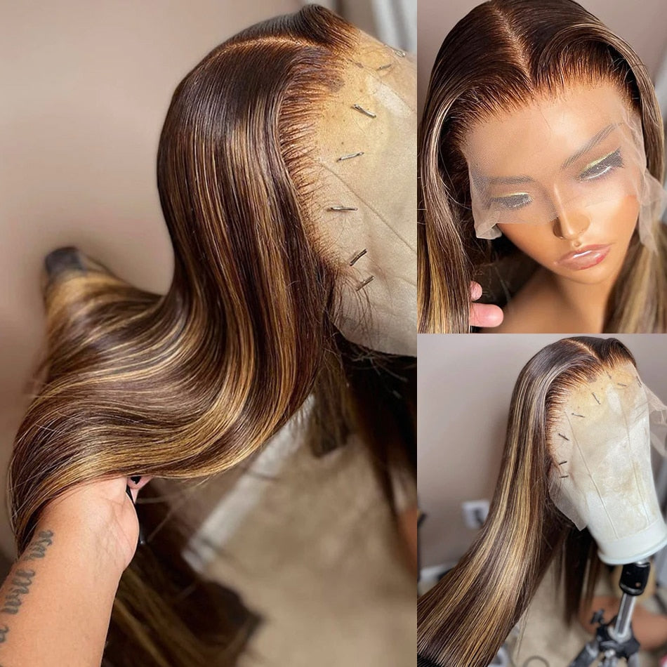 34inch Bone Straight Highlight Lace Front Human Hair 4/27 Ombre 13x4