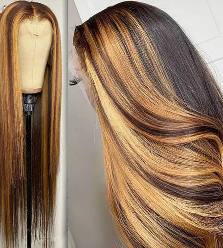 34inch Bone Straight Highlight Lace Front Human Hair 4/27 Ombre 13x4