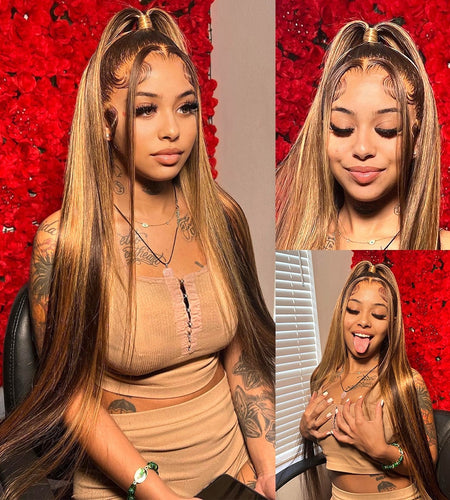 34inch Bone Straight Highlight Lace Front Human Hair 4/27 Ombre 13x4