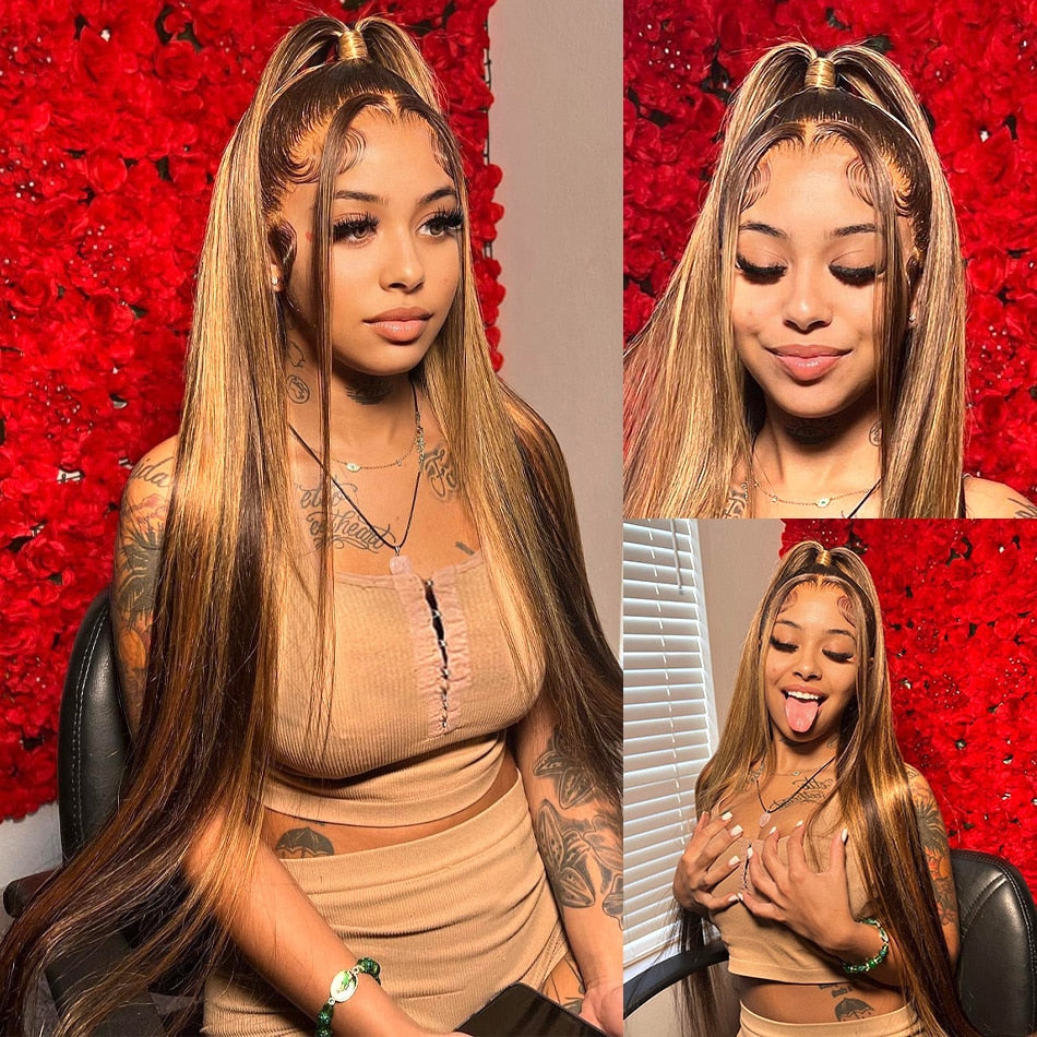 34inch Bone Straight Highlight Lace Front Human Hair 4/27 Ombre 13x4