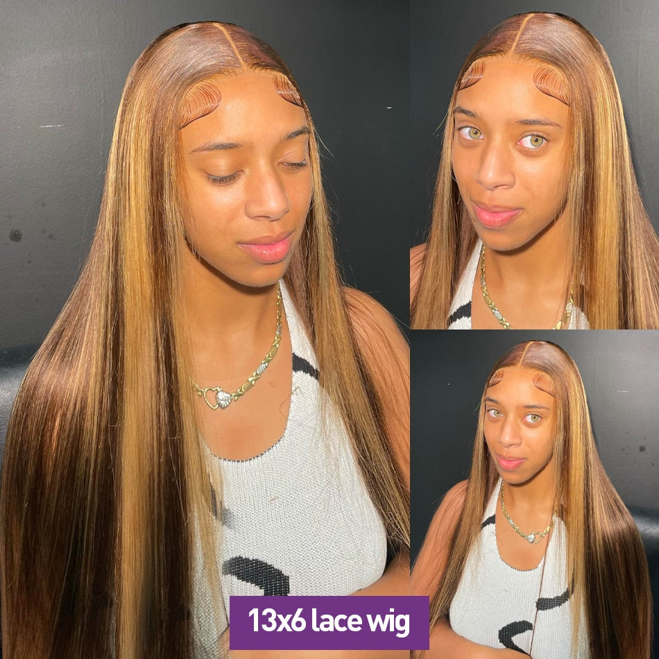 34inch Bone Straight Highlight Lace Front Human Hair 4/27 Ombre 13x4